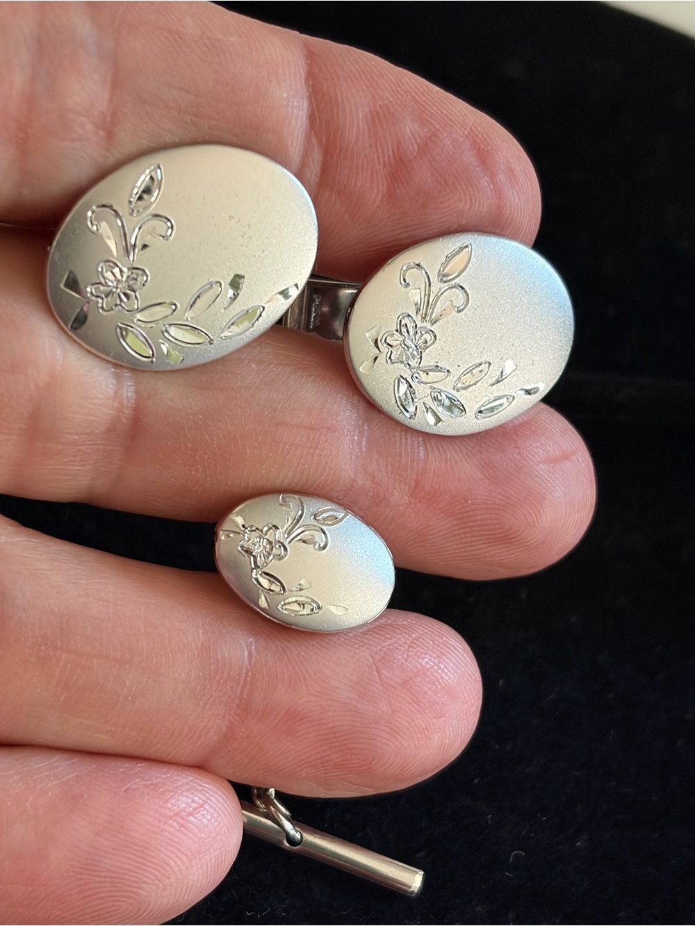 Silver Floral Engraved Oval Cufflinks and Stud Set